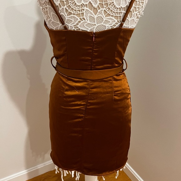 NWOT Satin Ruched Mini Dress Brown Camel - Picture 8 of 8